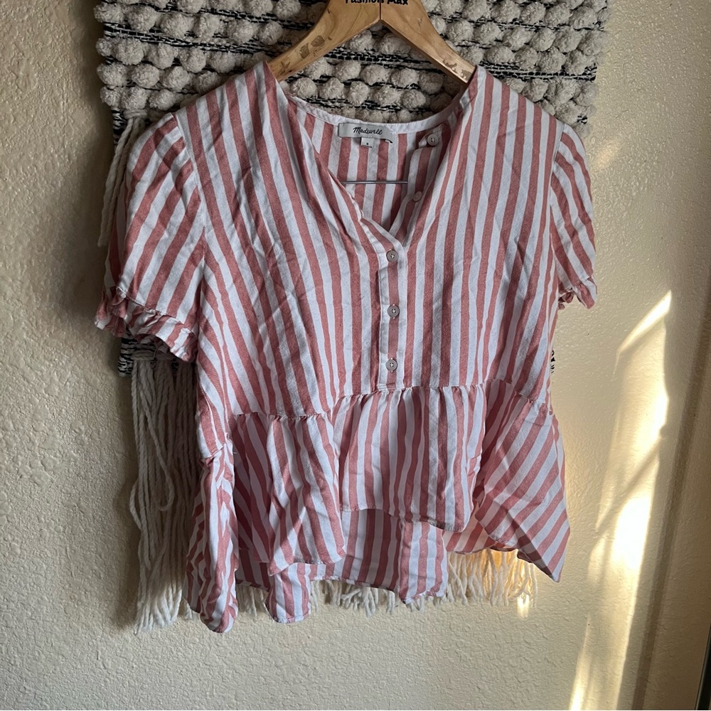 Madewell Pink and White Striped Peplum Button-Front Blouse